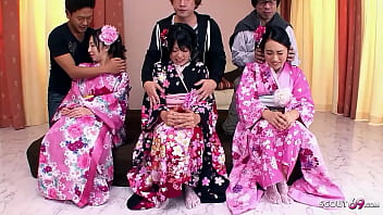 Filthy Japanese Gangbang With Three Adorable Jav Teens Sporting Bushy Cunts